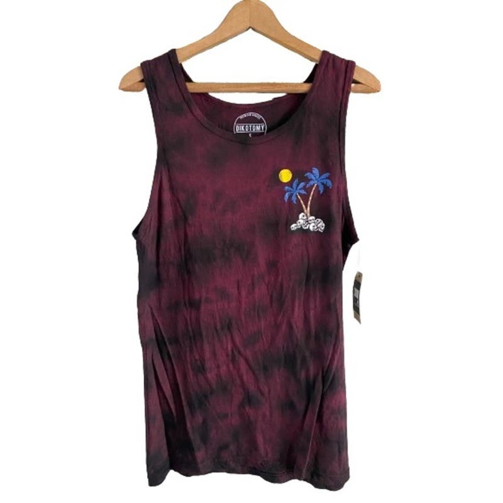 Dikotomy Mens Small Tie Dye Graphic Tank Top Burgundy Black Skulls Palm Tree NWT